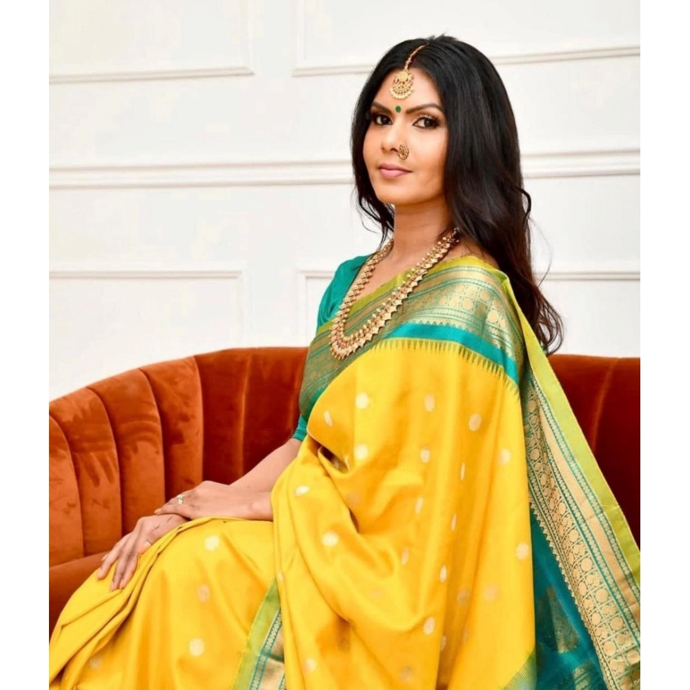 Women's Soft Lichi Silk Printed Saree With Unstitched Blouse 5.5Mtr (Yellow)