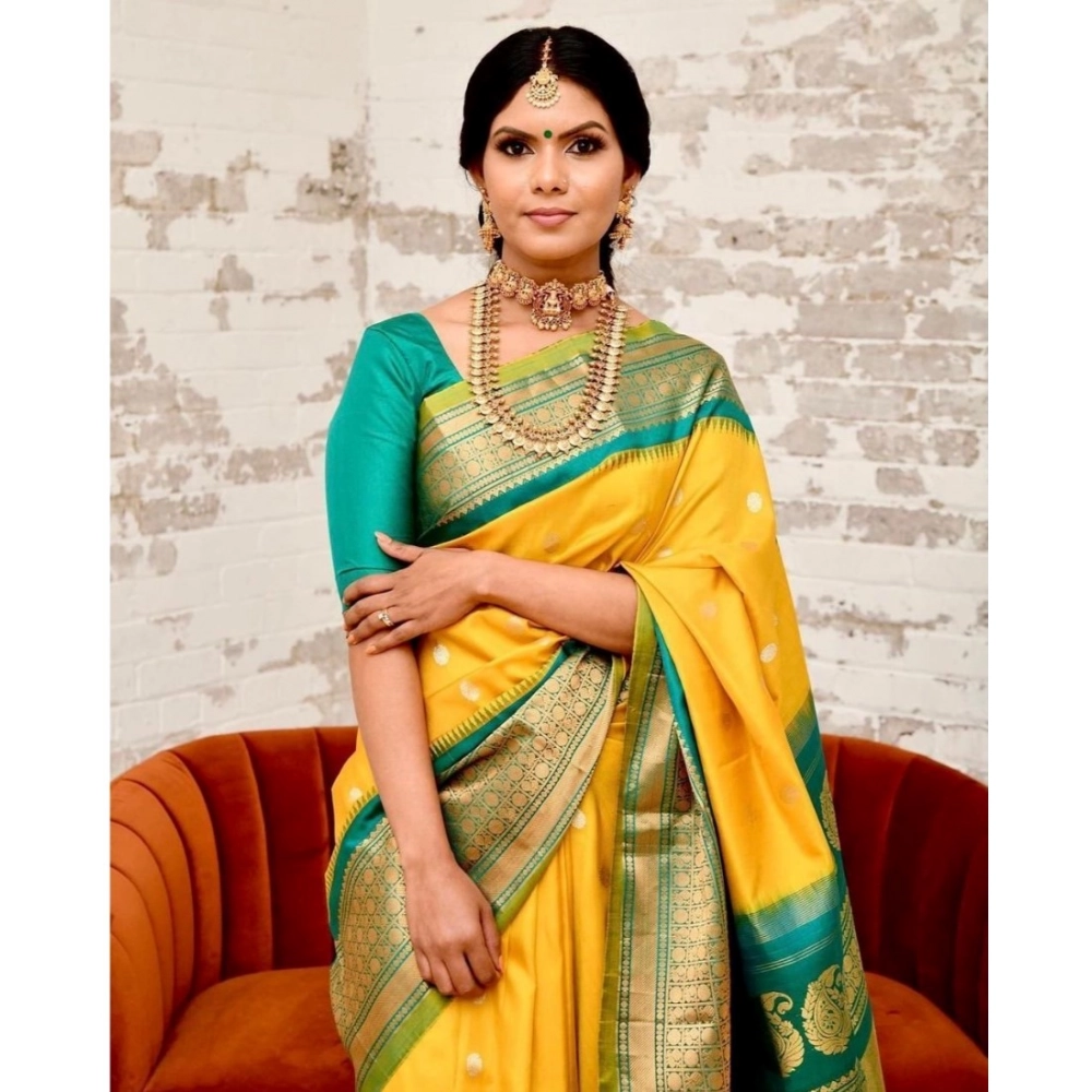 Women's Soft Lichi Silk Printed Saree With Unstitched Blouse 5.5Mtr (Yellow) - Image 3