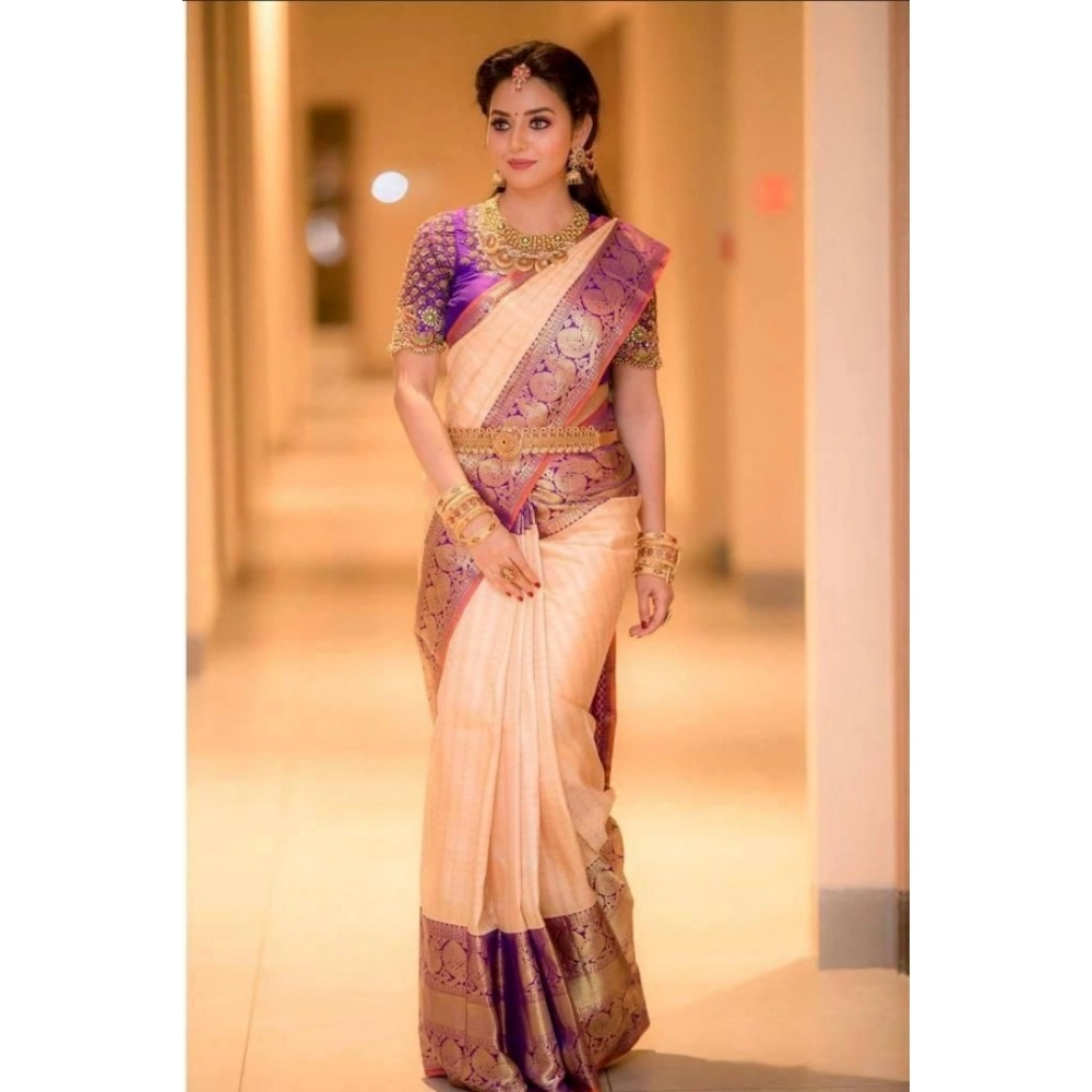 Women's Soft Lichi Silk Printed Saree With Unstitched Blouse 5.5Mtr (Purple) - Image 2