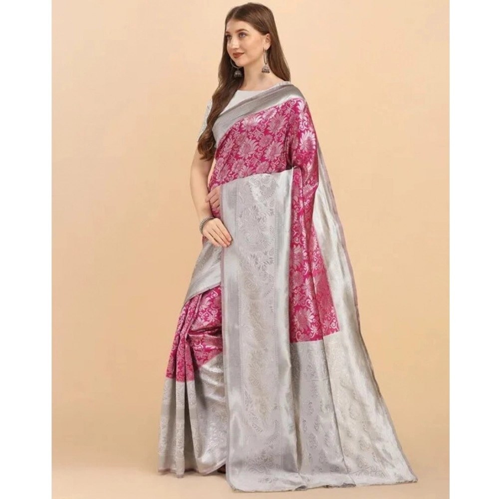 Women's Soft Lichi Silk Printed Saree With Unstitched Blouse 5.5Mtr (Pink) - Image 4