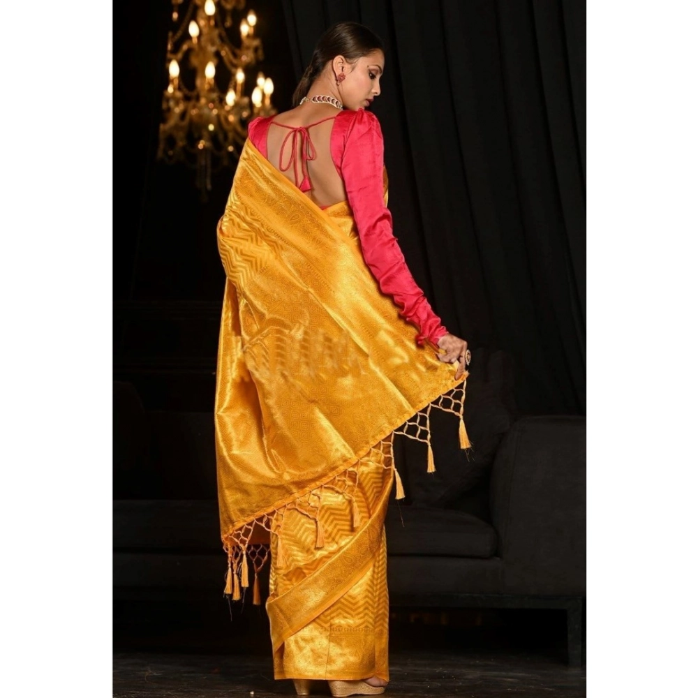 Women's Soft Lichi Silk Woven Saree With Unstitched Blouse 5.5Mtr (Yellow) - Image 3