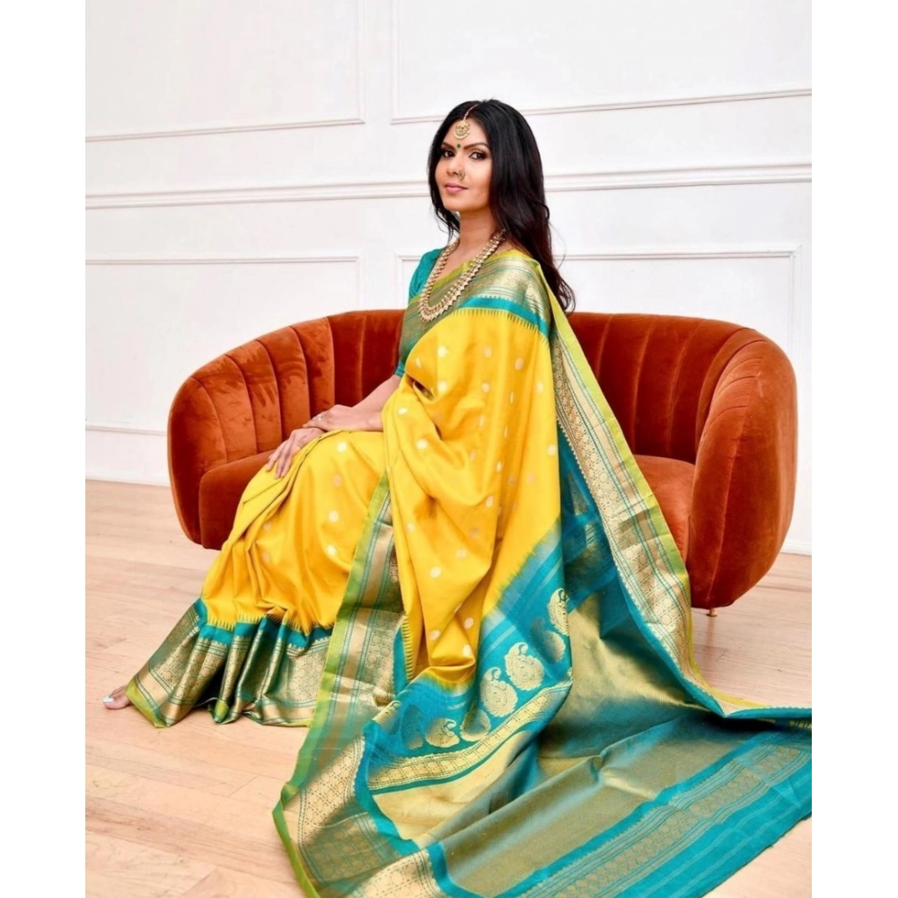 Women's Soft Lichi Silk Printed Saree With Unstitched Blouse 5.5Mtr (Yellow) - Image 2