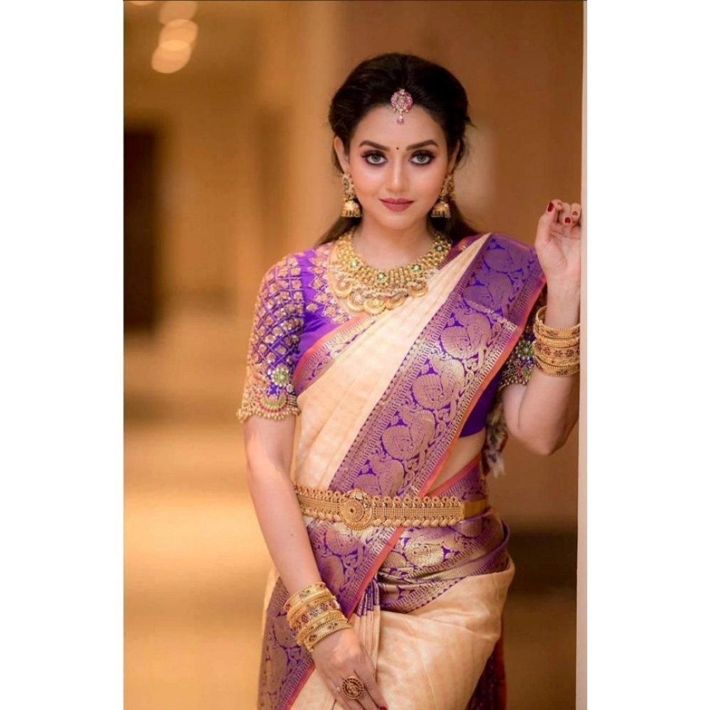 Women's Soft Lichi Silk Printed Saree With Unstitched Blouse 5.5Mtr (Purple) - Image 3