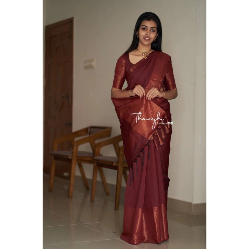 Women's Soft Lichi Silk Solid Saree With Unstitched Blouse 5.5Mtr (Maroon) - Image 3