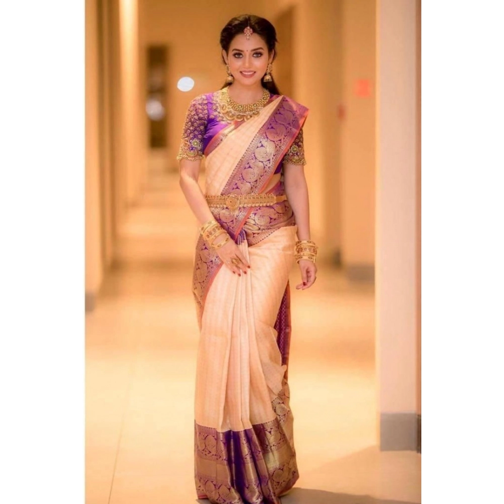 Women's Soft Lichi Silk Printed Saree With Unstitched Blouse 5.5Mtr (Purple) - Image 4