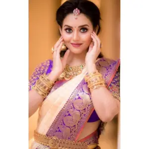 Women's Soft Lichi Silk Printed Saree With Unstitched Blouse 5.5Mtr (Purple)