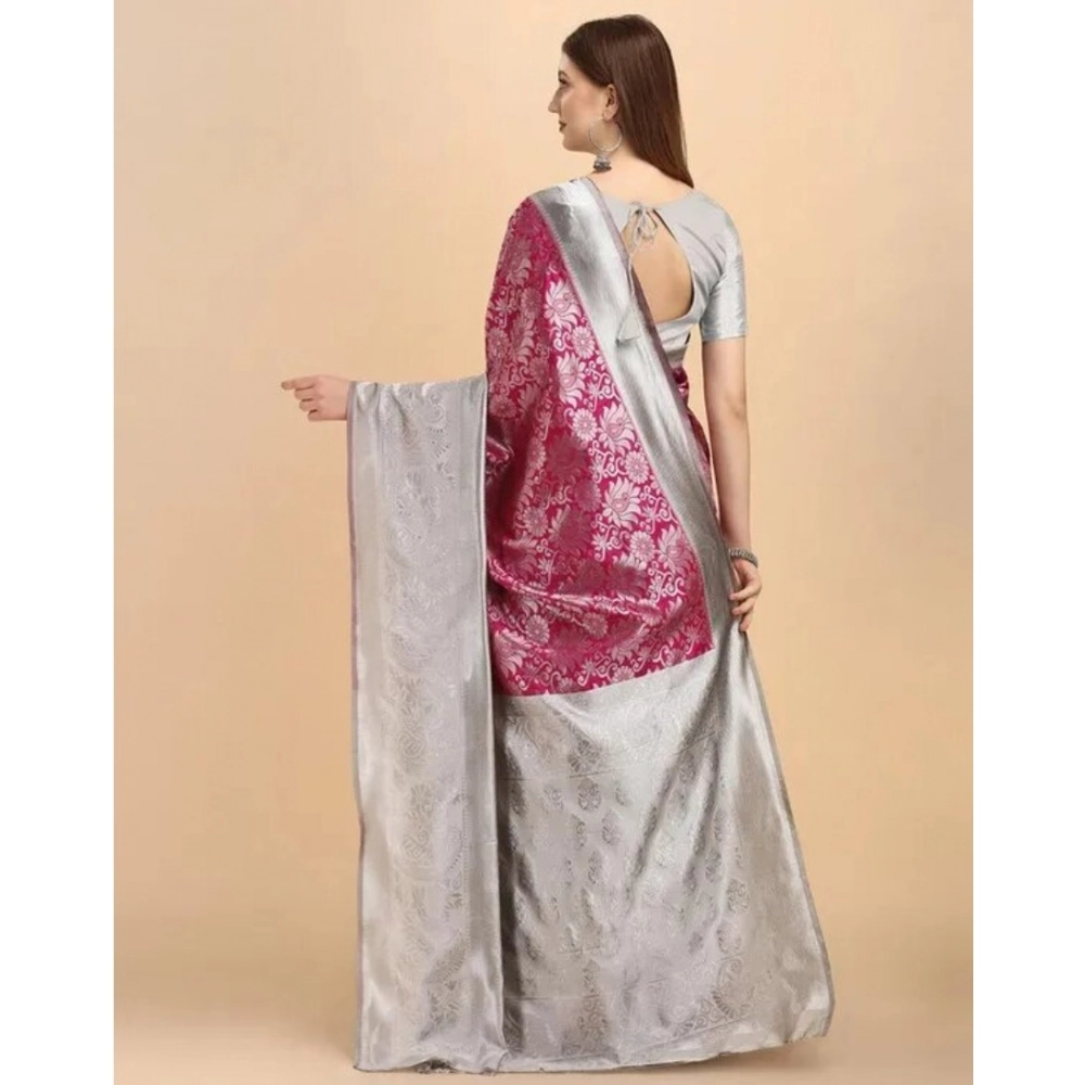 Women's Soft Lichi Silk Printed Saree With Unstitched Blouse 5.5Mtr (Pink) - Image 2