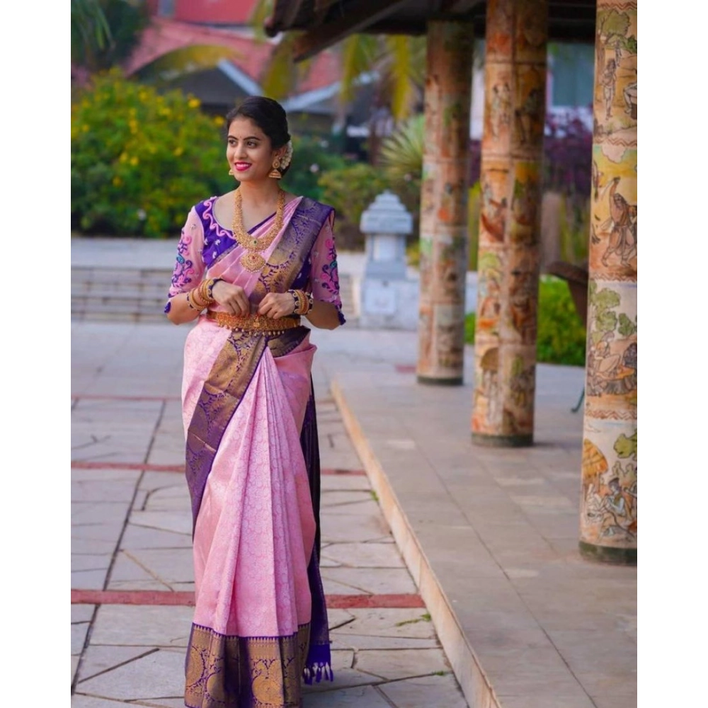 Women's Soft Lichi Silk Printed Saree With Unstitched Blouse 5.5Mtr (Purple) - Image 3