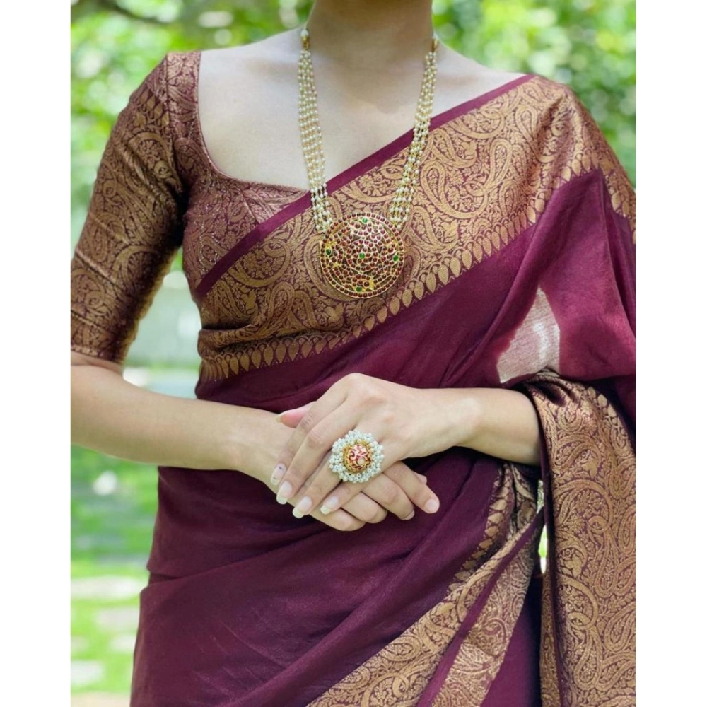Women's Soft Lichi Silk Solid Saree With Unstitched Blouse 5.5Mtr (Maroon) - Image 3