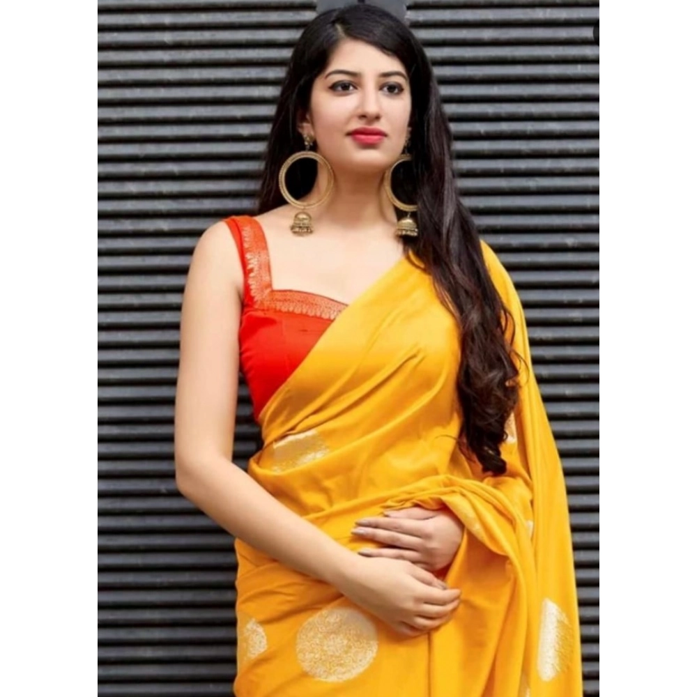 Women's Soft Lichi Silk Printed Saree With Unstitched Blouse 5.5Mtr (Yellow) - Image 4