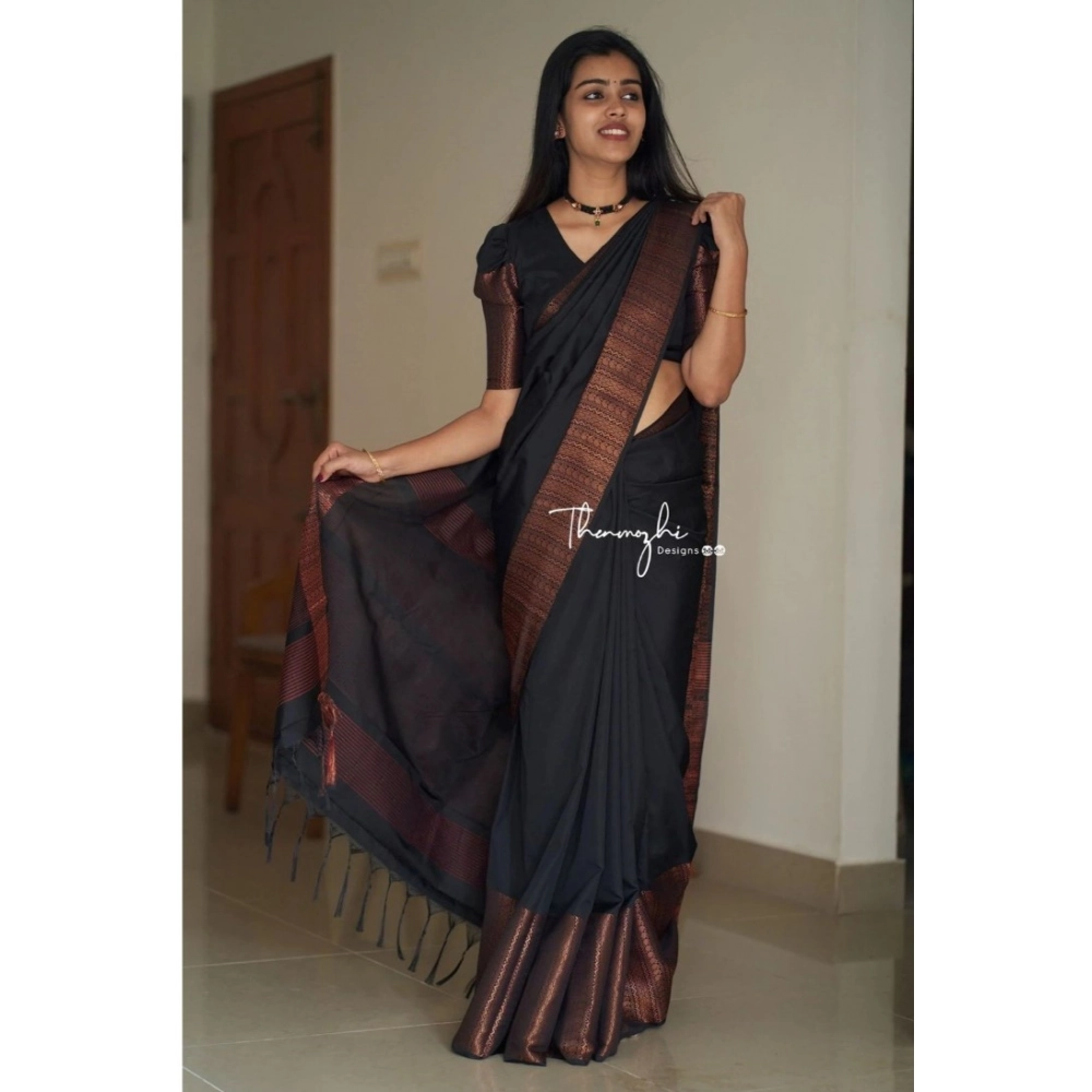 Women's Soft Lichi Silk Solid Saree With Unstitched Blouse 5.5Mtr (Black) - Image 3