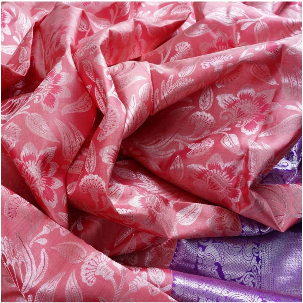 Women's Soft Lichi Silk Printed Saree With Unstitched Blouse 5.5Mtr (Purple) - Image 2