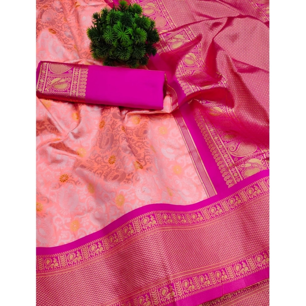Women's Soft Lichi Silk Printed Saree With Unstitched Blouse 5.5Mtr (Pink) - Image 4
