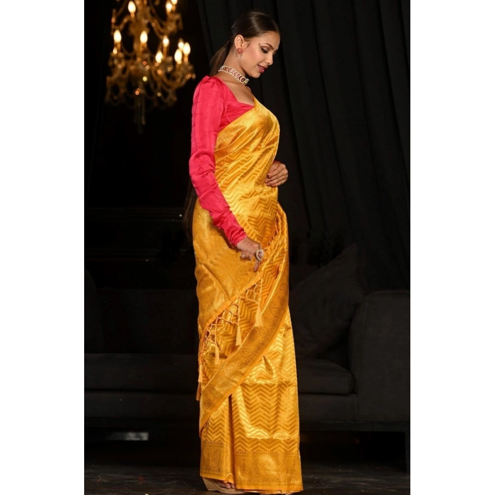 Women's Soft Lichi Silk Woven Saree With Unstitched Blouse 5.5Mtr (Yellow) - Image 2