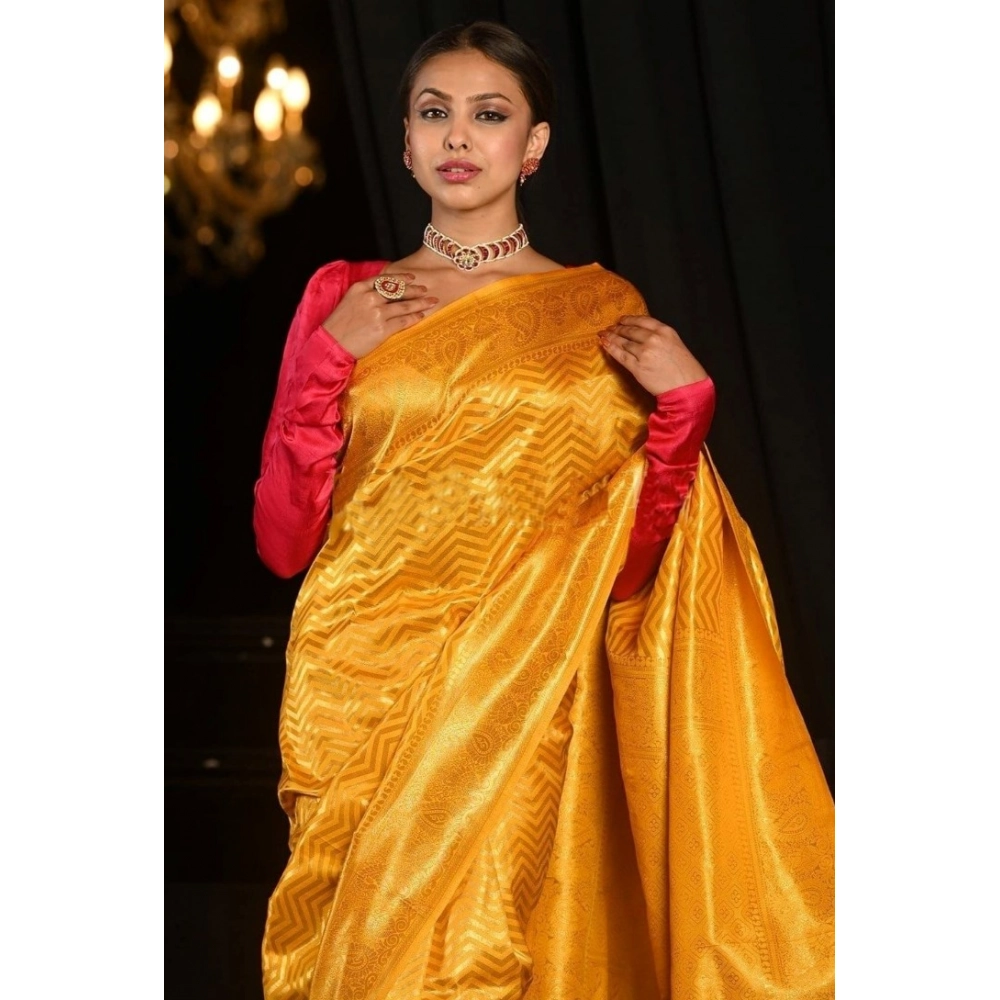 Women's Soft Lichi Silk Woven Saree With Unstitched Blouse 5.5Mtr (Yellow) - Image 4