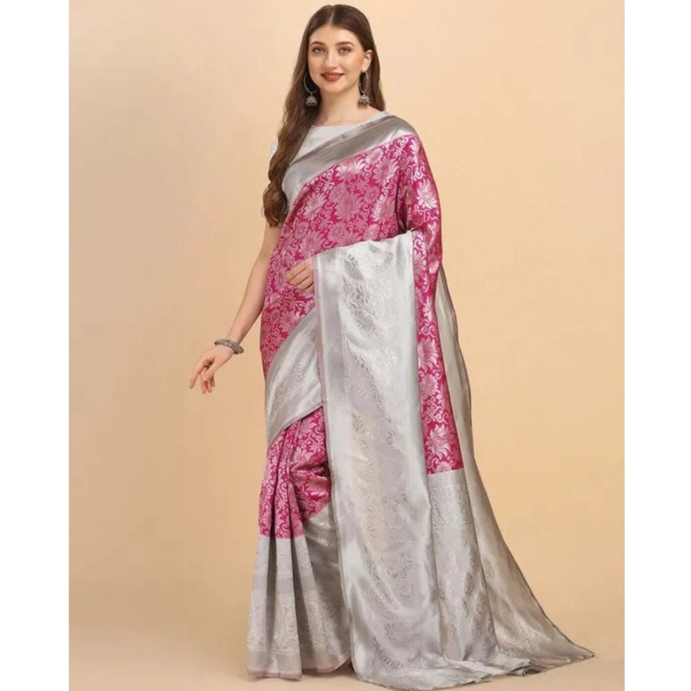 Women's Soft Lichi Silk Printed Saree With Unstitched Blouse 5.5Mtr (Pink) - Image 3