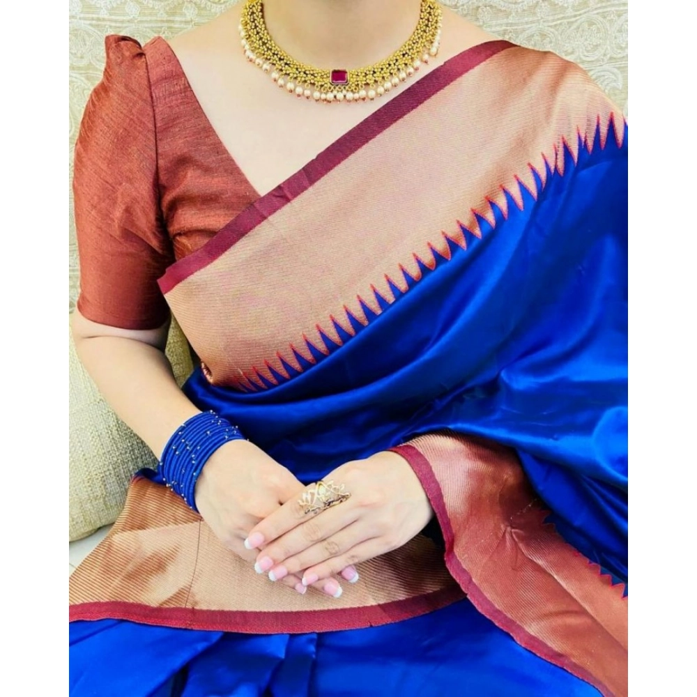 Women's Soft Lichi Silk Solid Saree With Unstitched Blouse 5.5Mtr (Blue) - Image 3