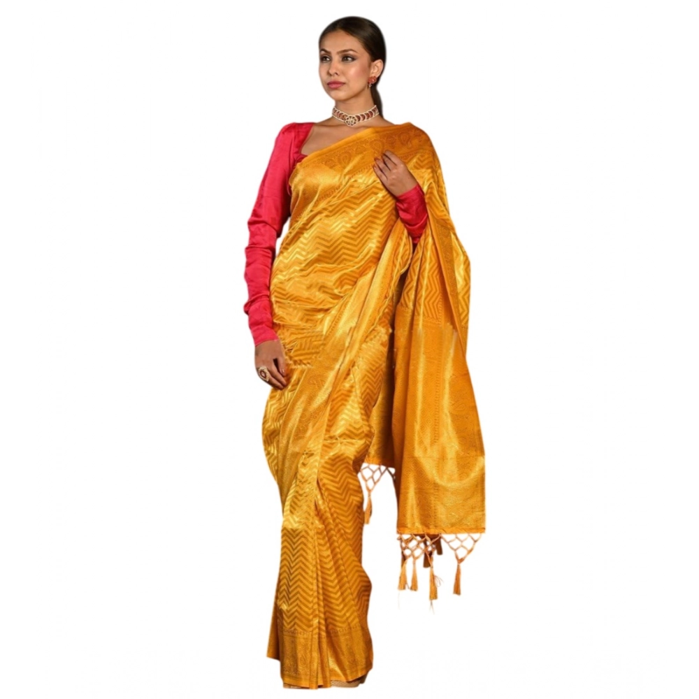 Women's Soft Lichi Silk Woven Saree With Unstitched Blouse 5.5Mtr (Yellow)