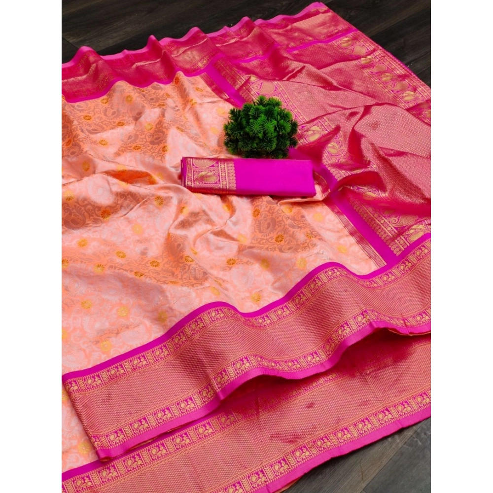 Women's Soft Lichi Silk Printed Saree With Unstitched Blouse 5.5Mtr (Pink) - Image 2