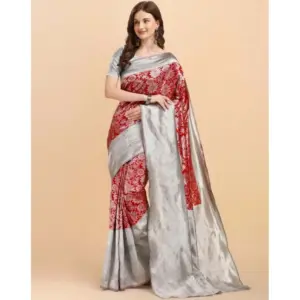Women's Soft Lichi Silk Printed Saree With Unstitched Blouse 5.5Mtr (Red)