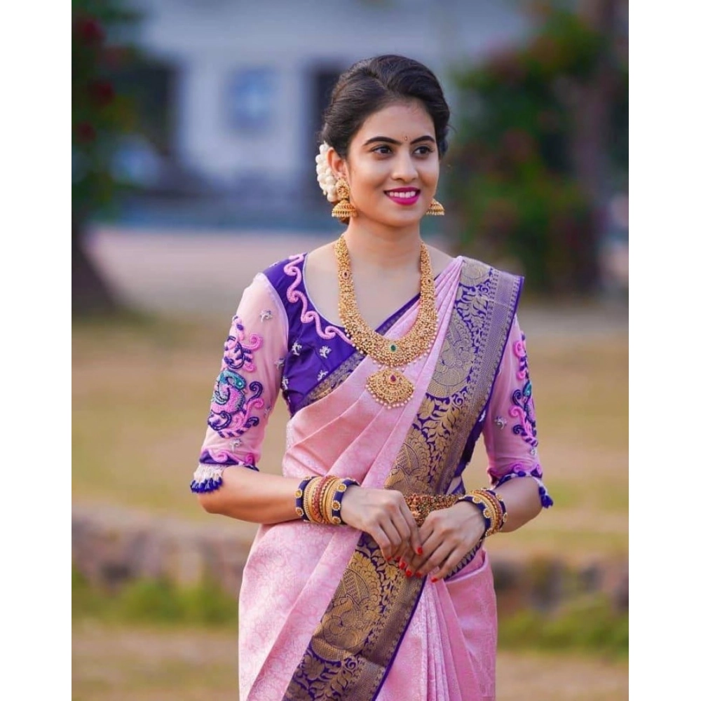 Women's Soft Lichi Silk Printed Saree With Unstitched Blouse 5.5Mtr (Purple)