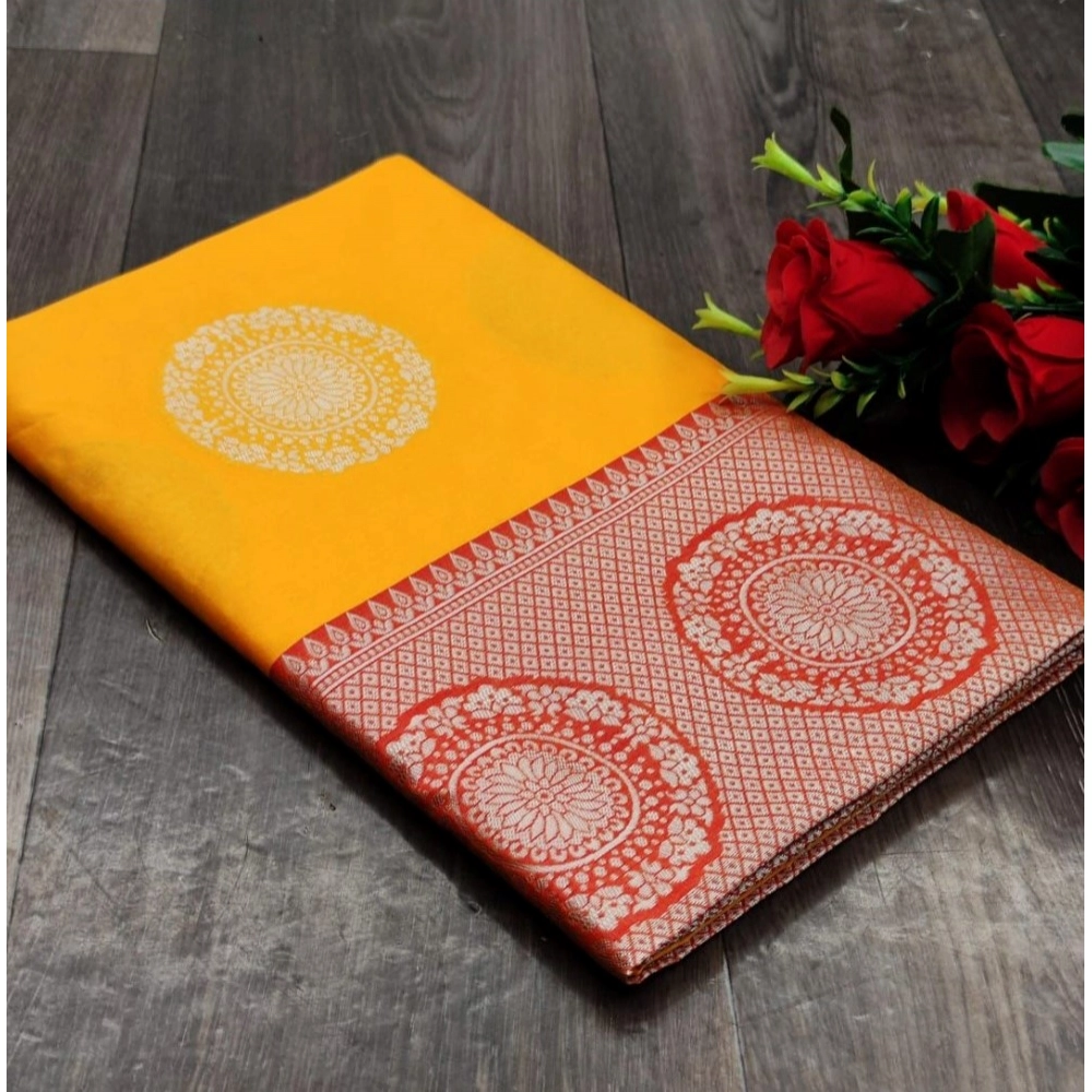 Women's Soft Lichi Silk Printed Saree With Unstitched Blouse 5.5Mtr (Yellow) - Image 2