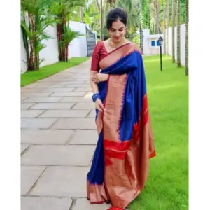 Women's Soft Lichi Silk Solid Saree With Unstitched Blouse 5.5Mtr (Blue)