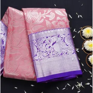Women's Soft Lichi Silk Printed Saree With Unstitched Blouse 5.5Mtr (Purple)