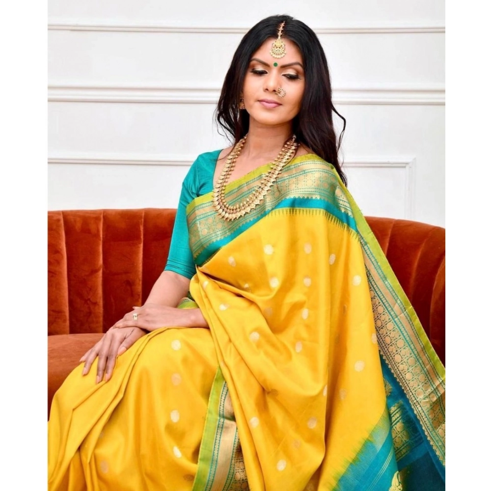 Women's Soft Lichi Silk Printed Saree With Unstitched Blouse 5.5Mtr (Yellow) - Image 4