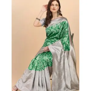 Women's Soft Lichi Silk Printed Saree With Unstitched Blouse 5.5Mtr (Green)