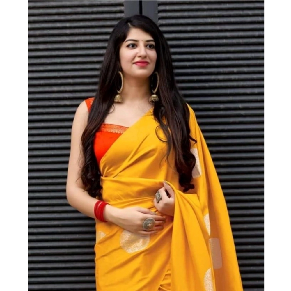 Women's Soft Lichi Silk Printed Saree With Unstitched Blouse 5.5Mtr (Yellow) - Image 3