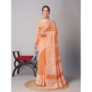Women's Chanderi Cotton Batik Printed Saree With Unstitched Blouse 5.5Mtr (Orange)