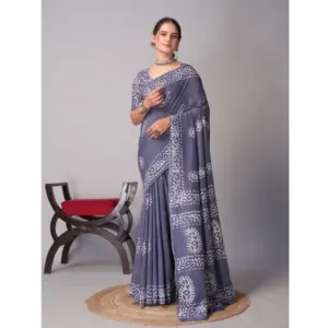 Women's Chanderi Cotton Batik Printed Saree With Unstitched Blouse 5.5Mtr (Grey)