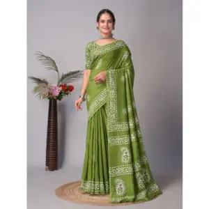 Women's Chanderi Cotton Batik Printed Saree With Unstitched Blouse 5.5Mtr (Green)