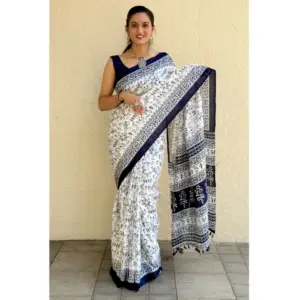 Women's Bhagalpuri Silk Warli Printed Saree With Unstitched Blouse 5.5Mtr (Blue)
