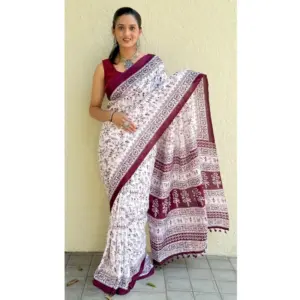 Women's Bhagalpuri Silk Warli Printed Saree With Unstitched Blouse 5.5Mtr (Wine)