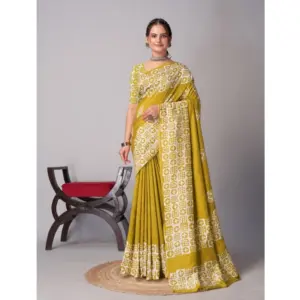 Women's Chanderi Cotton Batik Printed Saree With Unstitched Blouse 5.5Mtr (Mustard)