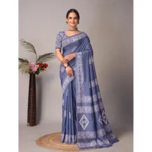 Women's Chanderi Cotton Batik Printed Saree With Unstitched Blouse 5.5Mtr (Grey)