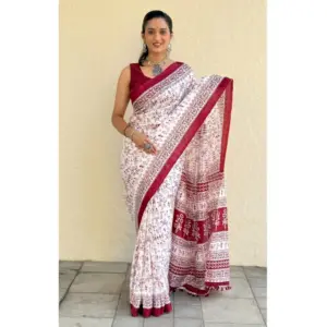 Women's Bhagalpuri Silk Warli Printed Saree With Unstitched Blouse 5.5Mtr (Maroon)
