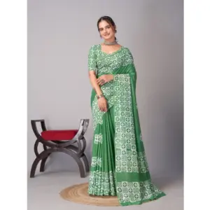 Women's Chanderi Cotton Batik Printed Saree With Unstitched Blouse 5.5Mtr (Green)