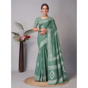 Women's Chanderi Cotton Batik Printed Saree With Unstitched Blouse 5.5Mtr (Green)