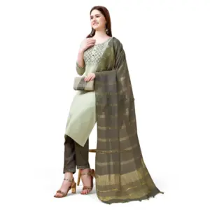 Women's Cotton Blend Embroidered 3-4 th Sleeve Round Neck Kurti With Pant Dupatta Set (Light Green)