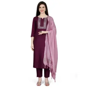 Women's Cotton Blend Embroidered 3-4 th Sleeve V Neck Kurti With Pant Dupatta Set (Purple)