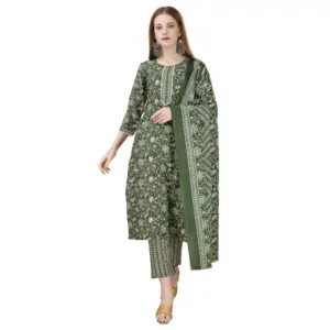 Women's Cotton Blend Printed 3-4 th Sleeve Round Neck Kurti With Pant Dupatta Set (Green)