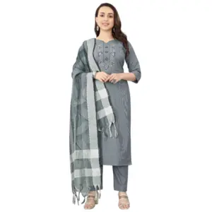 Women's Cotton Blend Mirror Work 3-4 th Sleeve Sweetheart Neck Kurti With Pant Dupatta Set (Grey)