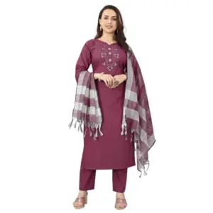 Women's Cotton Blend Mirror Work 3-4 th Sleeve Sweetheart Neck Kurti With Pant Dupatta Set (Purple)