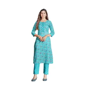 Women's Cotton Blend Foil Print - Mirror Work 3-4 th Sleeve Round Neck Kurti With Pant Set (Green)
