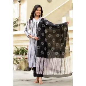 Women's Cotton Printed 3-4 th Sleeve V Neck Kurti With Pant Dupatta Set (Black)