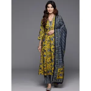 Women's Cotton Blend Printed 3-4 th Sleeve V Neck Kurti With Pant Dupatta Set (Yellow)