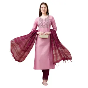 Women's Cotton Blend Embroidered 3-4 th Sleeve Round Neck Kurti With Pant Dupatta Set (Pink )